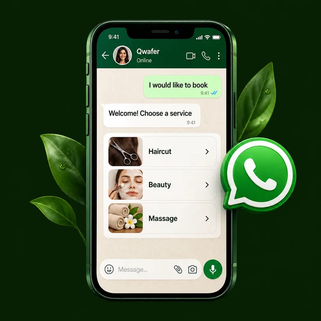 WhatsApp conversation for booking salon services in English